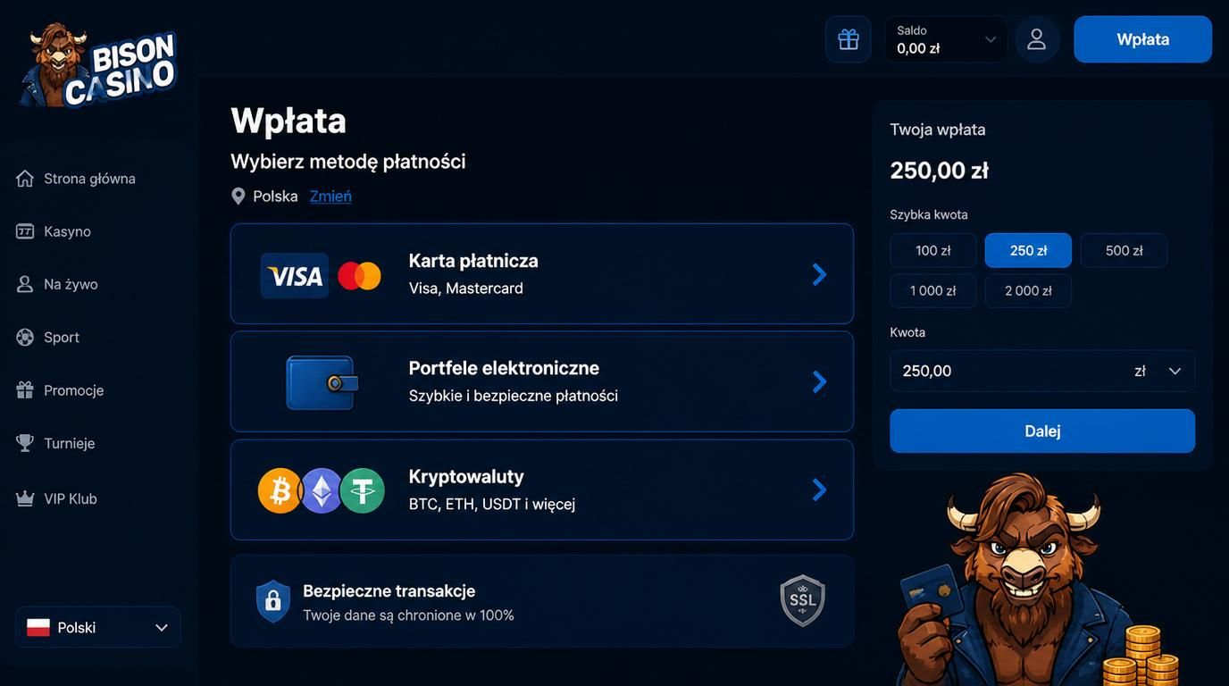 Gracz wybiera metodę wpłaty w Bison Casino z opcji karta, e-portfel i kryptowaluty