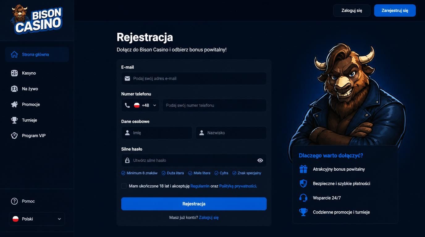 Zrzut ekranu formularza rejestracji z opcjami „e-mail”, „telefon”, „hasło” w ciemnym stylu