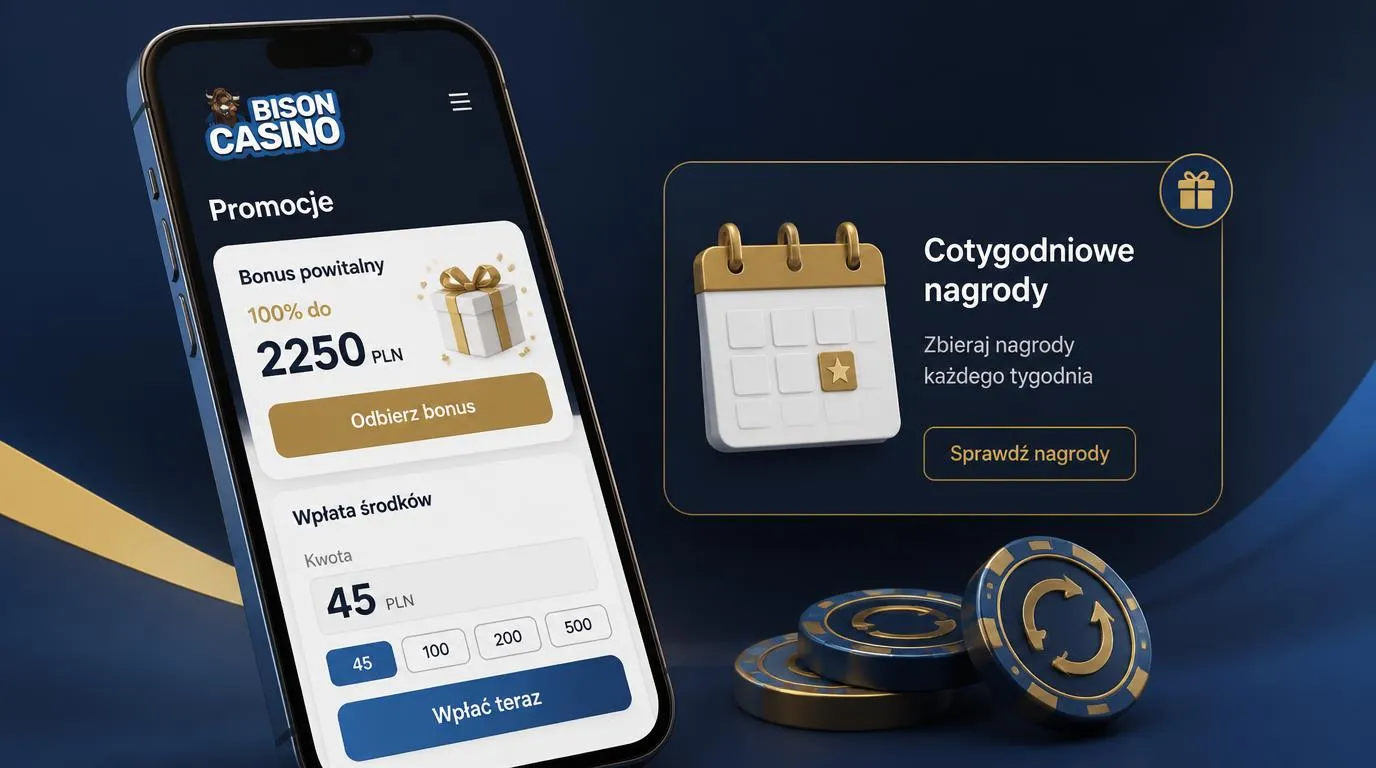 Telefon z widokiem bonusu powitalnego i wpłaty, obok symbole spinów oraz tygodniowych nagród